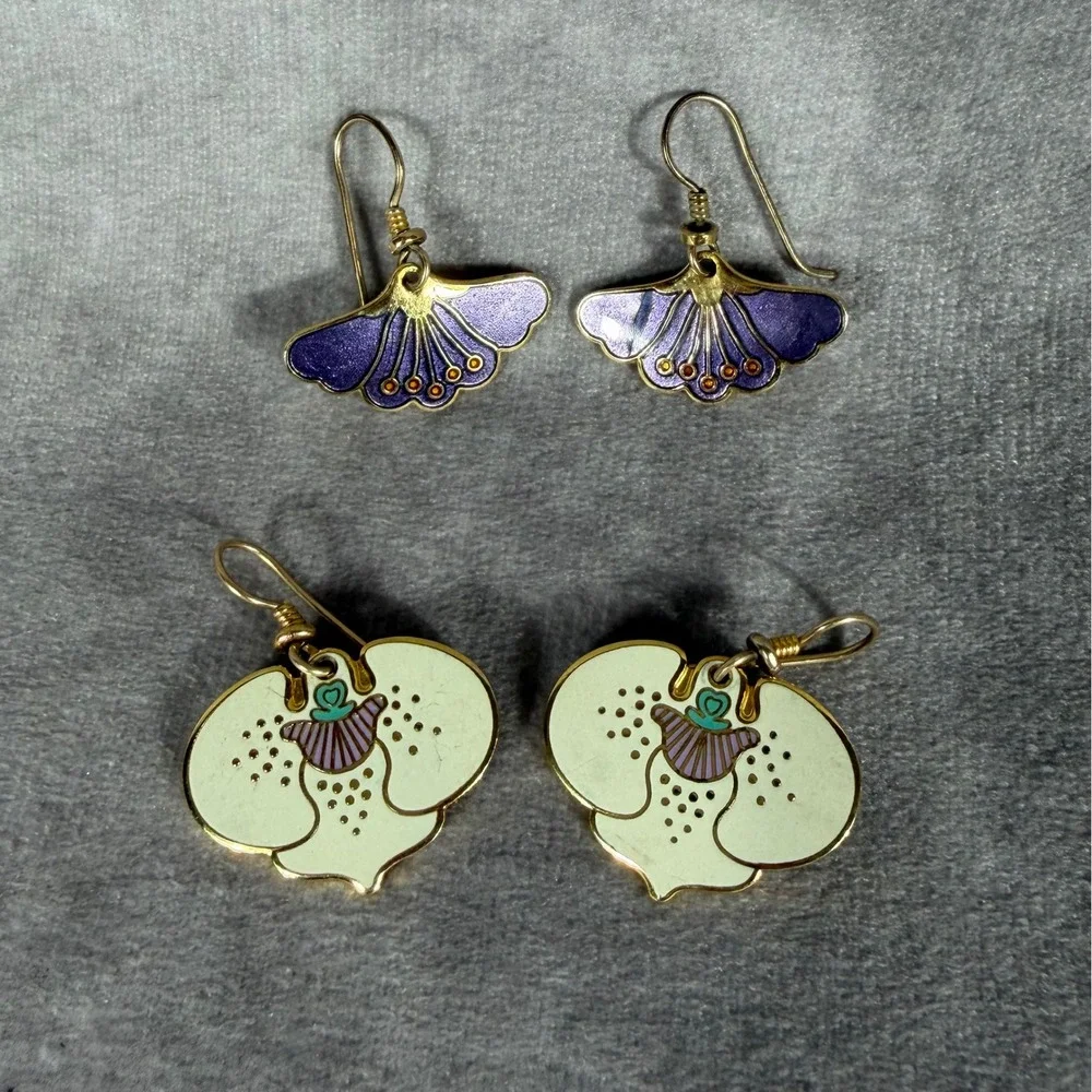 Vtg Laurel Burch Cloisonné Drop Earrings Set Purple Fan & Cream Orchid Gold Tone